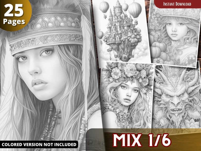 May include: A collection of 25 coloring pages featuring a variety of illustrations, including a woman with a headdress, a floating castle, a woman with a flower crown, and a dragon. The text "MIX 1/6" is visible in the bottom right corner.