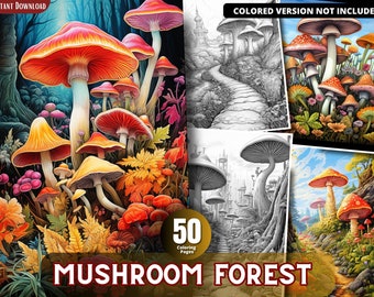 Mushroom Forest Coloring Pages for Adults and for Kids for Relax and Stress Relief, Grayscale Coloring Book, Printable PDF