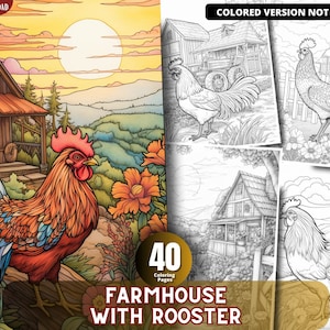Farmhouse with Rooster Coloring Pages for Adults and for Kids for Relax and Stress Relief, Grayscale Coloring Book, Printable PDF