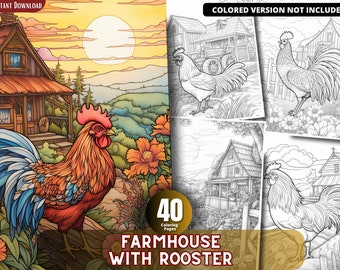 May include: A set of 40 colouring pages featuring a farmhouse and a rooster. The pages are black and white line drawings with detailed illustrations of the farmhouse, rooster, and surrounding landscape.