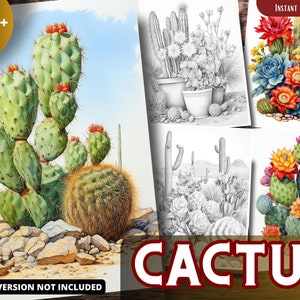 Cactus Coloring Pages for Adults and for Kids for Relax and Stress Relief, Grayscale Coloring Book, Printable PDF
