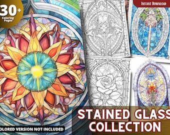 Stained Glass Coloring Pages, Grayscale Coloring Book (Printable PDF)