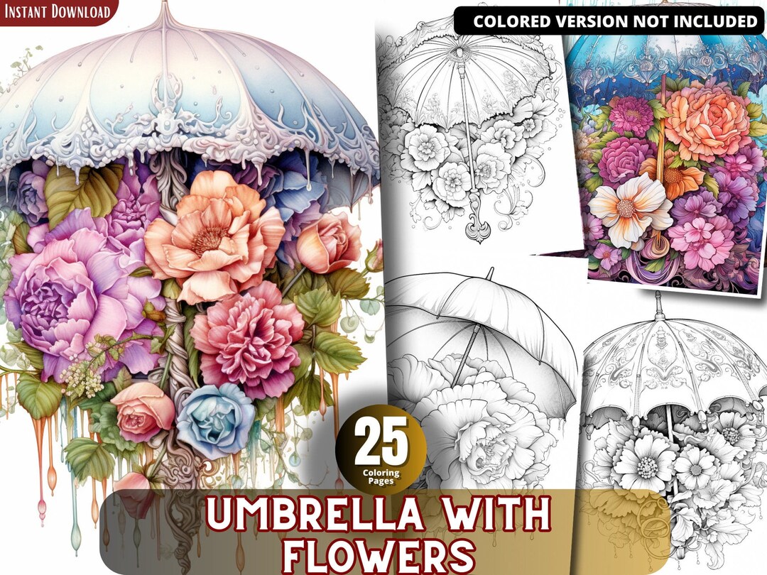 Umbrella With Flowers Coloring Pages for Adults and for Kids Grayscale ...
