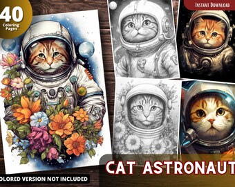 May include: A set of 40 colouring pages featuring a cat astronaut with flowers. The cat is wearing a space suit and helmet. The pages are black and white and ready to be coloured.