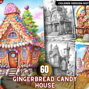 Gingerbread Candy House Coloring Pages for Adults and for Kids for Relax and Stress Relief, Grayscale Coloring Book, Printable PDF
