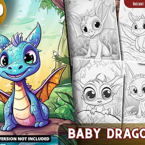 Fantasy Baby Dragon Pages - Adults Kids Coloring Pages, Instant Download, Grayscale Coloring Book, Printable PDF File