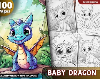 Baby Dragon Coloring Pages – Grayscale Fantasy Art, Printable PDF (Instant Download)