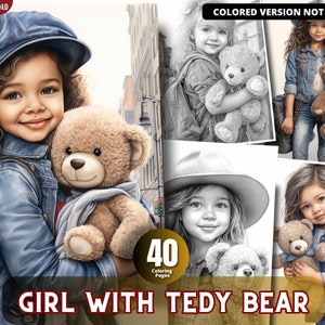 May include: A black and white coloring page featuring a girl with curly hair wearing a blue denim jacket and a hat, holding a teddy bear. The text "GIRL WITH TEDDY BEAR" is at the bottom of the page. The text "40 Coloring Pages" is in a circle at the bottom left of the page.