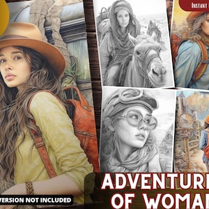 Adventures of Woman Coloring Pages for Adults and for Kids for Relax and Stress Relief, Grayscale Coloring Book, Printable PDF