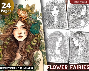 Flower Fairies Coloring Pages - Adults Kids Coloring Pages, Instant Download, Grayscale Coloring Book, Printable PDF File
