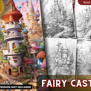 May include: A coloring book with 34 pages featuring a detailed illustration of a fairy castle. The castle is surrounded by trees, flowers, and other whimsical details. The book is titled "Fairy Castle" and includes the text "Instant Download" and "Colored Version Not Included".