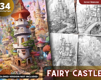 Château de fées Coloriages pour adultes et pour enfants pour se détendre et soulager le stress, livre de coloriage en niveaux de gris, PDF imprimable