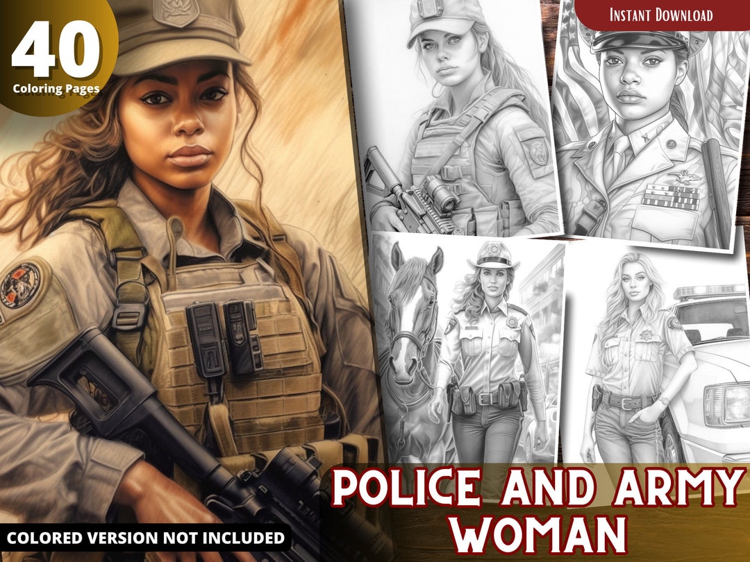 Police and Army Woman Coloring Pages for Adults and for Kids for Relax