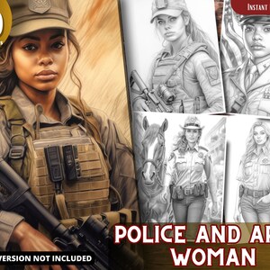 Puede incluir: Un conjunto de 40 páginas para colorear con ilustraciones de mujeres en uniformes de policía y ejército. Las imágenes están en blanco y negro e incluyen una variedad de poses y escenarios. El texto "Police and Army Woman" se muestra en la parte inferior de la imagen.
