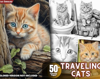 Disegni da colorare di gatti in viaggio per adulti e bambini Colorazione in scala di grigi, PDF stampabile