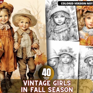 Fall Season Vintage Girls Coloring Pages for Adults and for Kids Grayscale Coloring, Printable PDF