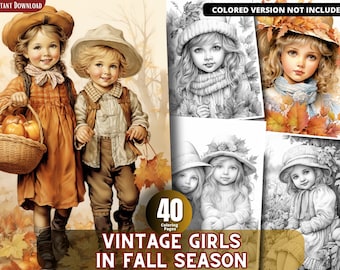 Vintage Girls Fall Coloring Pages, Grayscale Illustrations (Printable PDF)