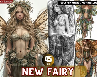 New Fairy Coloring Pages for Adults and for Kids for Relax and Stress Relief, Grayscale Coloring Book, Printable PDF