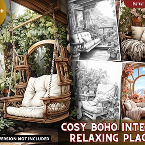 Boho Interior Relaxing Places Coloring Pages for Adults and for Kids for Relax and Stress Relief, Grayscale Coloring Book, Printable PDF