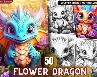 Páginas para colorear de dragones de flores para adultos y niños, libro para colorear en escala de grises, PDF imprimible