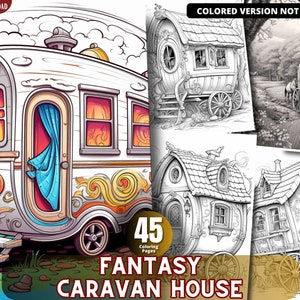 Fantasy Caravan House Coloring Pages for Adults and for Kids Grayscale Coloring, Printable PDF