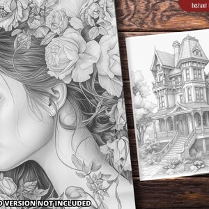 May include: A black and white printable coloring page featuring a detailed illustration of a woman with flowers in her hair and a large Victorian house.