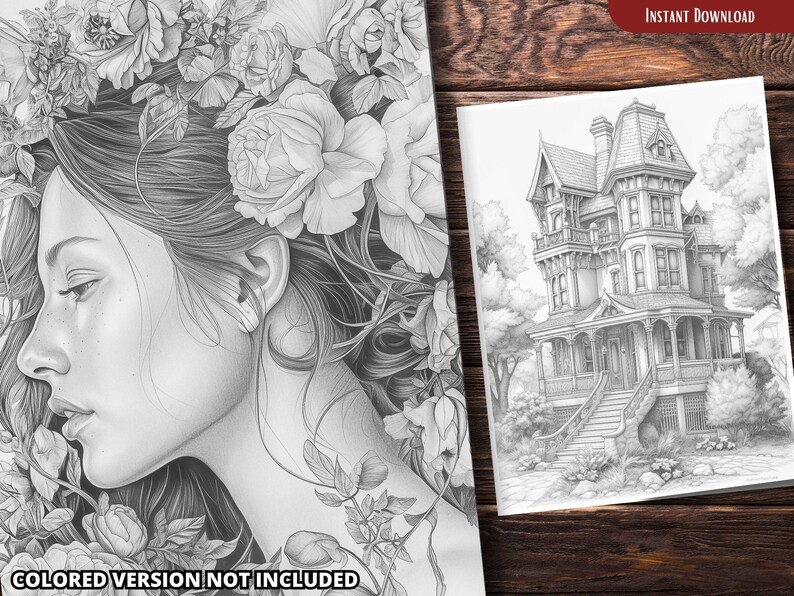 May include: A black and white printable coloring page featuring a detailed illustration of a woman with flowers in her hair and a large Victorian house.