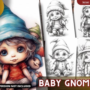 Baby Gnome Malvorlagen für Erwachsene und für Kinder Graustufen Malbuch, Printable PDF