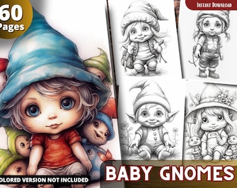 Baby Gnomes Grayscale Coloring Book For Adults and Kids (Printable PDF)