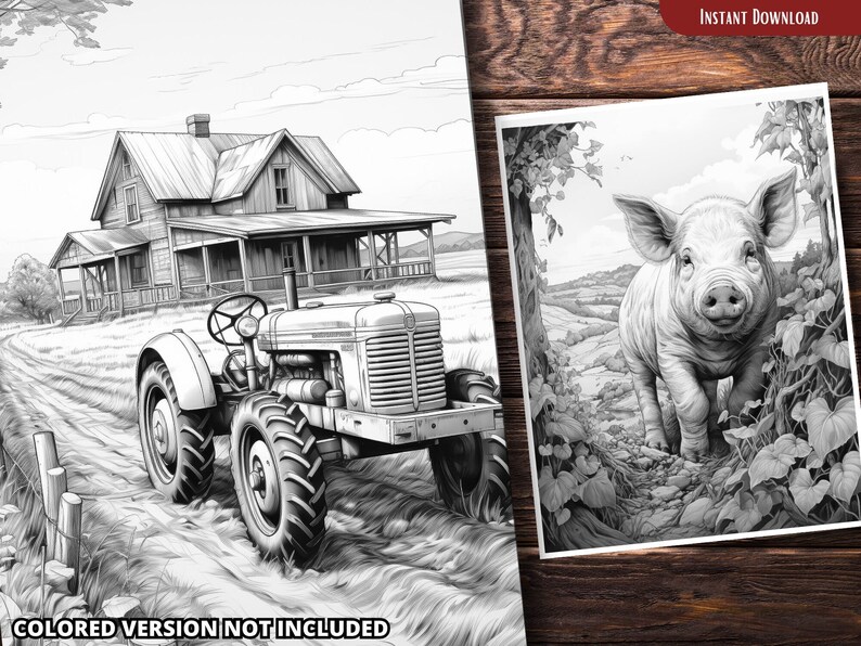 Może przedstawiać: Czarno-biała ilustracja wiejskiego domu z werandą, traktorem na podjeździe i świnią stojącą na polu wysokiej trawy.