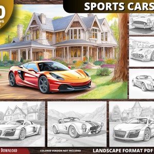 スポーツカーの塗り絵 - 大人と子供の塗り絵、即時ダウンロード、グレースケールの塗り絵、印刷可能な PDF ファイル