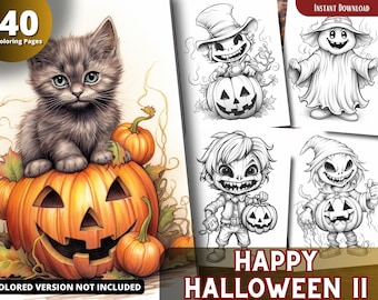Happy Halloween Coloring Pages for Adults and for Kids for Relax and Stress Relief, Grayscale Coloring Book, Printable PDF