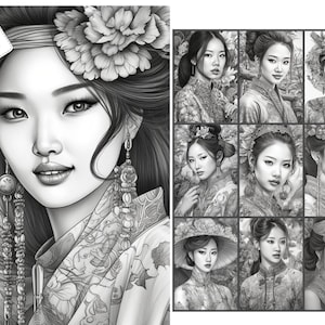 Asian Goddesses Portraits Coloring Pages for Adults and for Kids Grayscale Coloring, Printable PDF