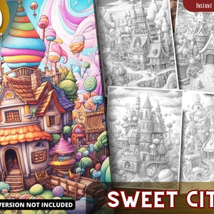 Sweet Fantasy Village Coloring Pages for Adults and for Kids Grayscale Coloring, Printable PDF