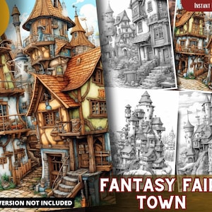 Fantasy Fairy Town Coloring Pages for Adults and for Kids for Relax and Stress Relief, Grayscale Coloring Book, Printable PDF