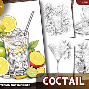 Coctail Coloring Pages for Adults and for Kids for Relax and Stress Relief, Grayscale Coloring Book, Printable PDF