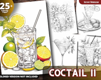 May include: A black and white colouring book with 25+ pages featuring illustrations of cocktails. The cover image shows a tall glass filled with ice and a lemon wedge, surrounded by limes and lemons. The title of the book is "Cocktail II".