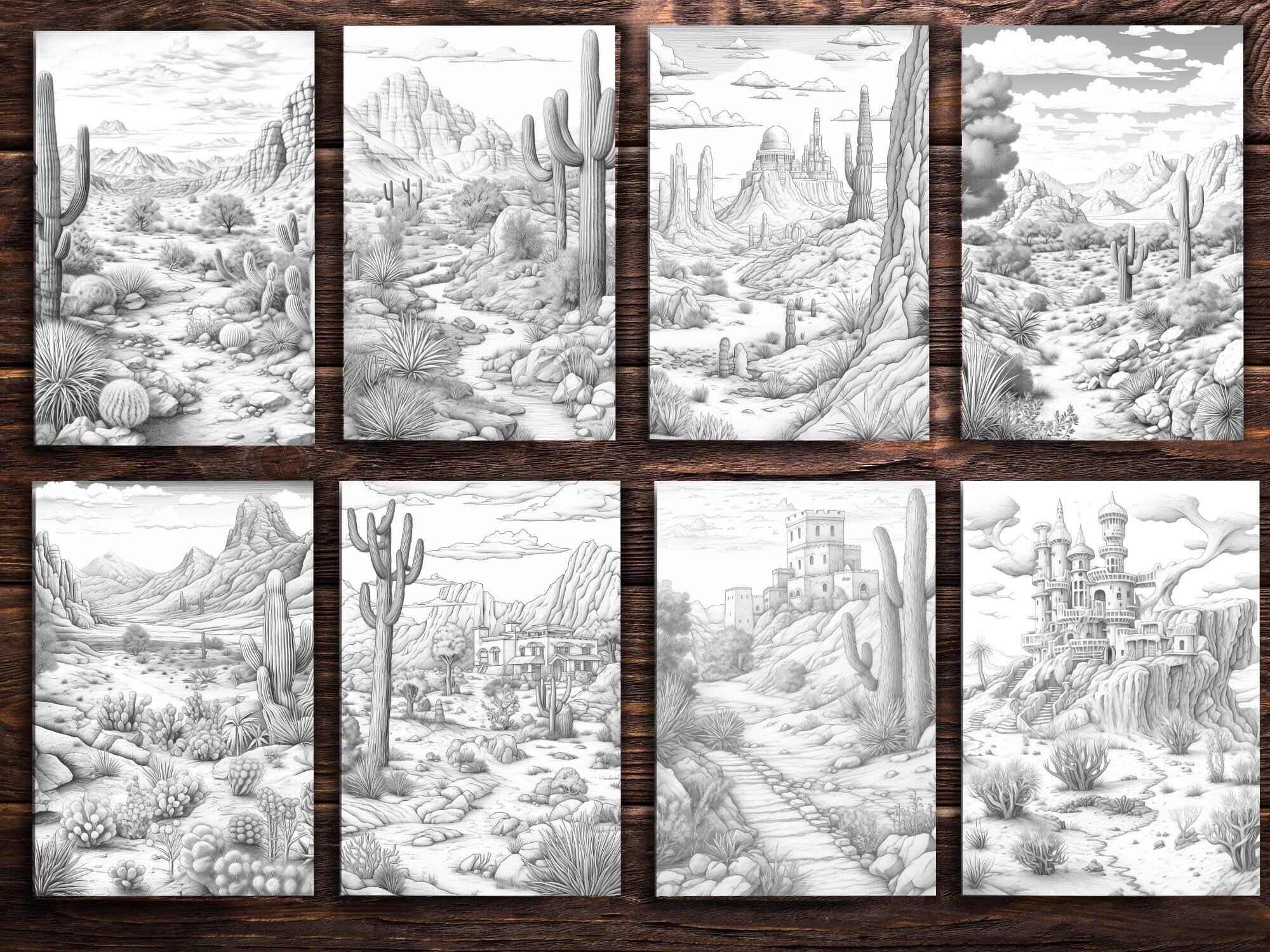 Desert Landscape Coloring Pages for Adults and for Kids Grayscale ...