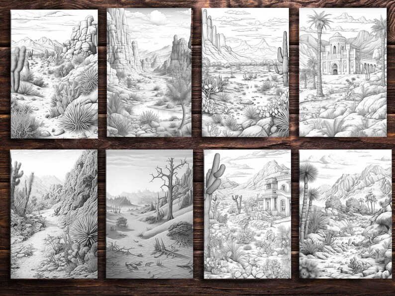 Desert Landscape Coloring Pages for Adults and for Kids Grayscale ...