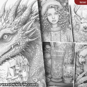 May include: A coloring book with four different images: a dragon, a woman with long hair, a deer, and a parrot. The images are in black and white and are ready to be colored. "Instant Download" and "Colored Version Not Included" are printed on the page.