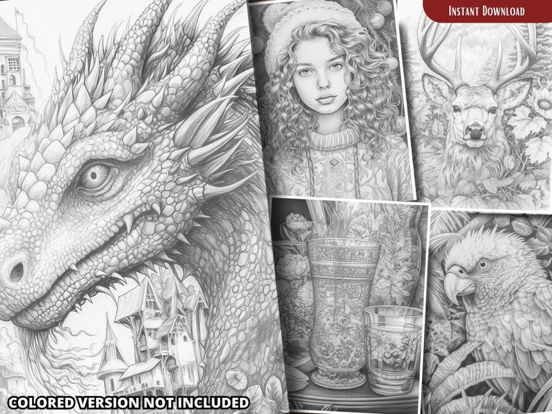 May include: A coloring book with four different images: a dragon, a woman with long hair, a deer, and a parrot. The images are in black and white and are ready to be colored. "Instant Download" and "Colored Version Not Included" are printed on the page.