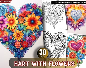Herz mit Blumen Malvorlagen, Graustufen Malbuch (Printable PDF)