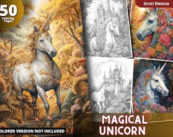 Magical Unicorn Grayscale Coloring Book, For Adults & Kids (Printable PDF)