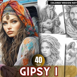 Op de afbeelding: Een set van 40 kleurplaten met zwart-wit illustraties van mensen in verschillende poses. De titel "GIPSY I" is gedrukt in vetgedrukte, rode letters onderaan de afbeelding. De tekst "GEKLEURDE VERSIE NIET INBEGREPEN" is gedrukt in de rechterbovenhoek van de afbeelding.