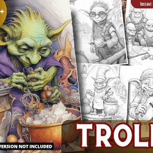 Troll Coloring Pages for Adults and for Kids for Relax and Stress Relief, Grayscale Coloring Book, Printable PDF