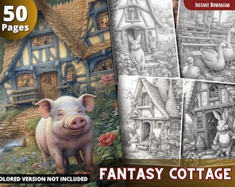 Fantasy Cottage Grayscale Coloring Book Pages, Adults & Kids (Printable PDF)