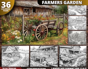 Farmer Garden Coloring Book, 36 Grayscale Pages (Printable PDF)