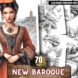 May include: A black and white coloring book with 70 pages featuring a woman in a dress, a castle, and a forest. The cover features the text "NEW BAROQUE".