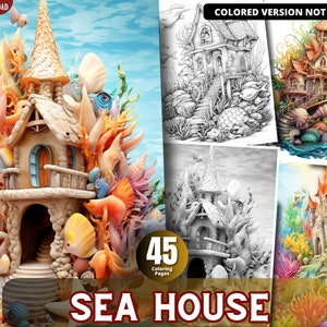 Sea House Coloring Pages for Adults and for Kids Grayscale Coloring Book, Printable PDF
