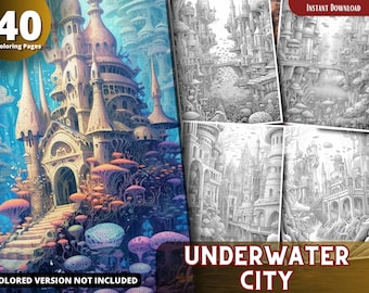 Coloriages de la ville sous-marine pour adultes et enfants Coloriages en niveaux de gris, PDF imprimables